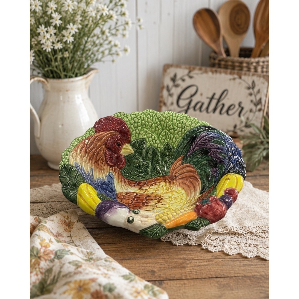 Fitz and Floyd Home Fragrance Rooster Vegetable Ceramic Decorative Bowl 7.5 Inch